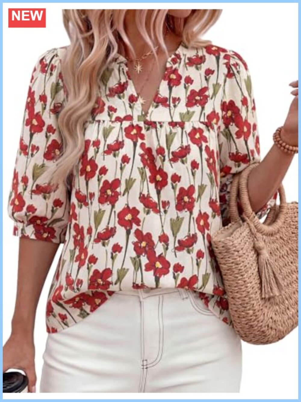Women's Summer Floral Boho Blouse V-Neck Ruffle Half Sleeve Casual Top